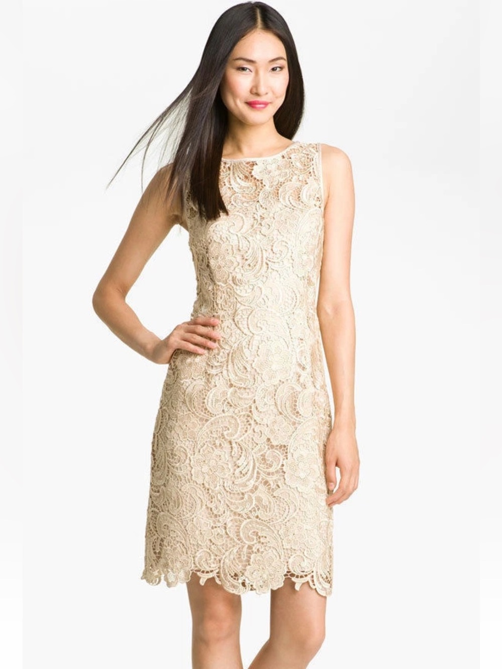 ADRIANNA PAPELL GOLD FLORAL LACE ILLUSION BODICE SHEATH DRESS